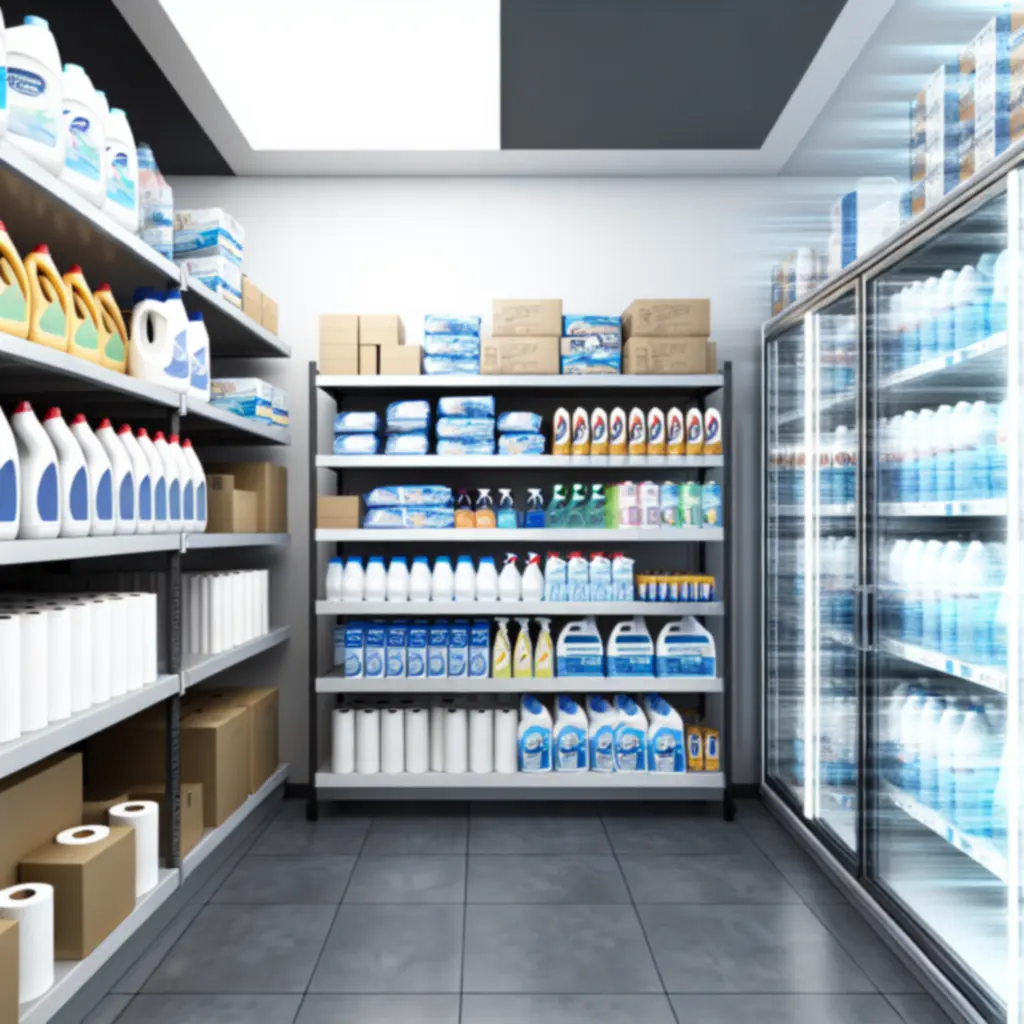 Stelling met schoonmaakproducten en hygiëneartikelen in bulkverpakking