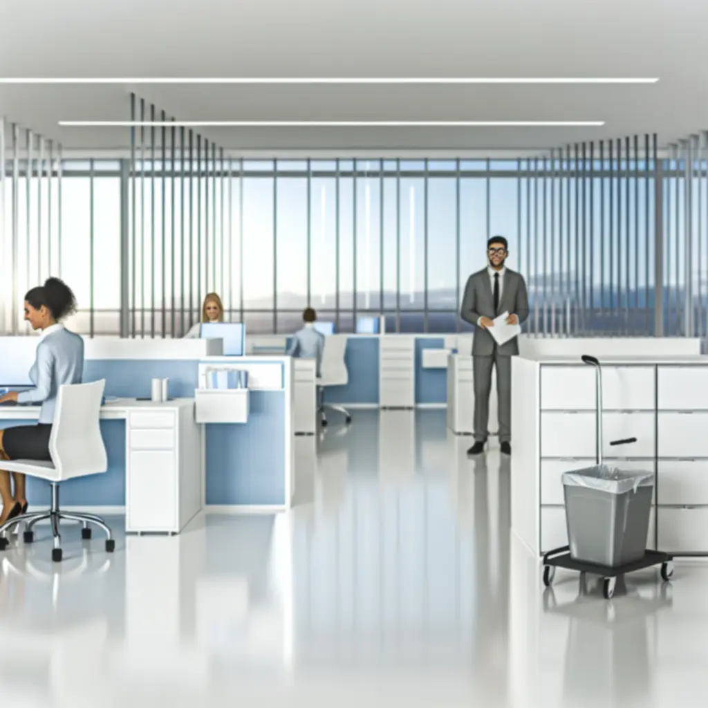 Schone en georganiseerde kantoorruimte met professionele schoonmaakbenodigdheden