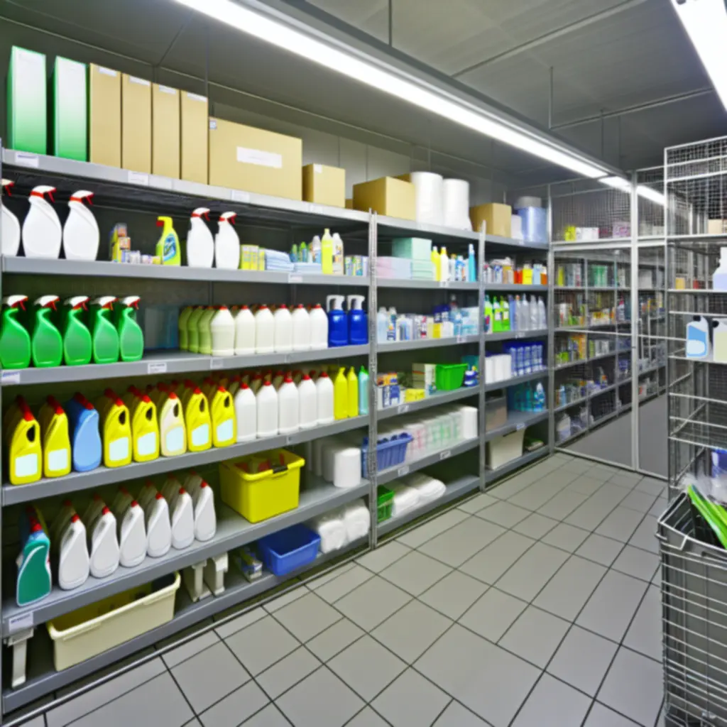 Georganiseerde schappen met zakelijke schoonmaakproducten